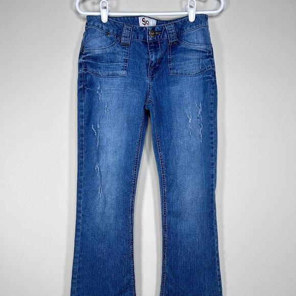 Vintage SO Bell Bottom Denim Jeans Women's 5 Blue Distressed Hippie Boho VTG - Picture 1 of 15